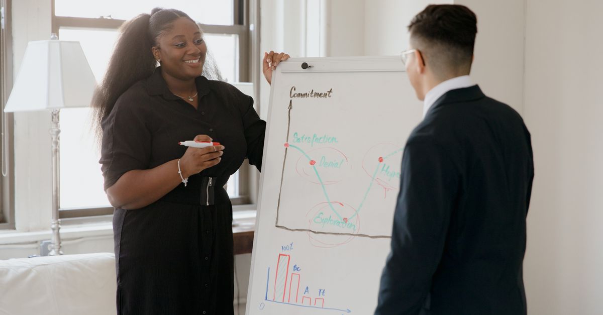 Professional business presentation with diverse team using a flip chart in a modern office setting.