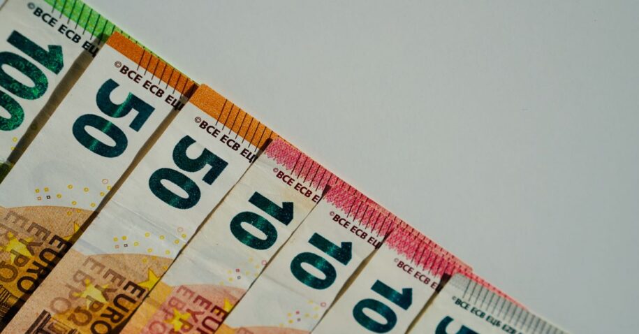 Close-up of various euro banknotes in different values on a plain background.